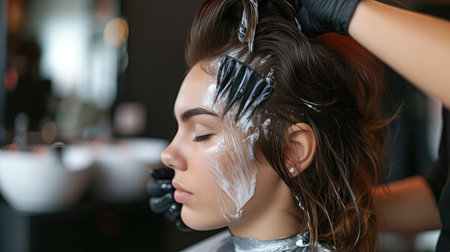 Beautiful hairstyle of young woman after dying hair and making highlights in hair salon.の素材