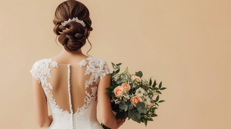 Young bride with elegant hairstyle holding wedding bouquet on beige background, back view. Space for textの素材