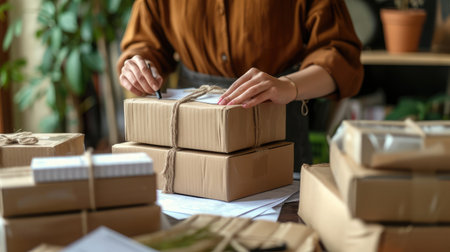 Starting small businesses SME owners female entrepreneurs Write the address on receipt box and check online orders to prepare to pack the boxes sell to customers sme business ideas onlineの素材