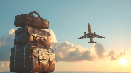 travel bags and airplane in skyの素材