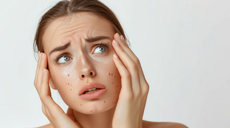 Health dermatology skin problem. Acne pimples on face skin. Caucasian sad woman looking for wrinkles on her face isolated in white background.の素材