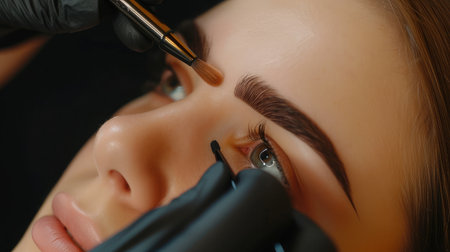 The make-up artist does Long-lasting styling of the eyebrows of the eyebrows and will color the eyebrows. Eyebrow lamination. Professional make-up and face care. --ar 16:9 --v 6 Job ID: d37c7a52-6469-4850-9194-863661a86140の素材