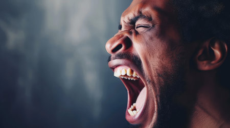 close up portrait of a man shouting, mouth wide openの素材