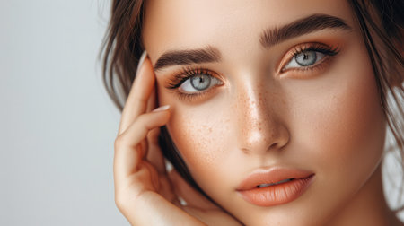 Beautiful young women with perfect fresh skin and makeup touches her face. Portrait of model with make-up, eyebrows and long eyelashes. Beauty and Spa, skincare and wellness. Selective focusの素材