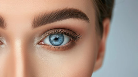 Beautiful woman with long eyelashes, beautiful make-up and thick eyebrows. Beautiful blue eyes close up. Looking at the camera.の素材