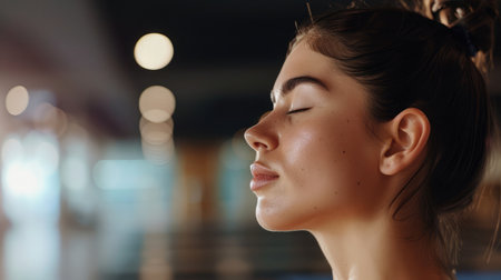 Side view of beautiful young female with closed eyes touching ajna chakra on forehead while doing yoga in gymの素材