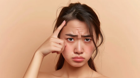 Problem skin concept. Upset asian girl with nude shoulders, with problem skin, pointing finger at pimple on forehead while standing over isolated beige background,の素材