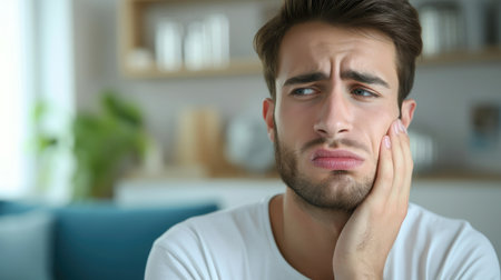 Tooth ache concept. Indoor shot of young male feeling pain, holding his cheek with hand, suffering from bad toothache, looking at camera with painful expressionの素材