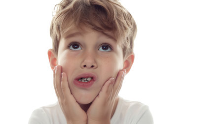 Toothache in children. Portrait of unhealthy little boy touching cheek, feeling severe toothache, oral health problems. Heart studio shot isolated on white backgroundの素材