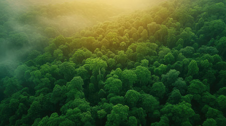 Aerial top view forest tree, Rainforest ecosystem and healthy environment concept background, Texture of green tree forest view from above, Beautiful sunrise over the mountainsの素材