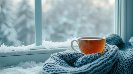 A cup of hot tea warmed in the knitted scarf is on the windowsill against the winter windowの素材
