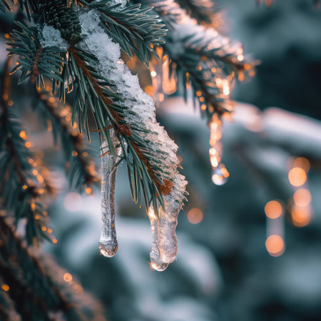 Close up of fir tree branches covered with melting snow and icicles in morning winter forest. Real spring, winter background.の素材