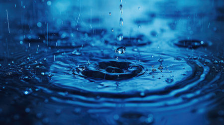 blue color tone of close up rain water drop falling to the floor in rainy seasonの素材