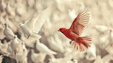 Close up red bird flying different through a group of white bird, Game changer business. vintage filter style.の素材