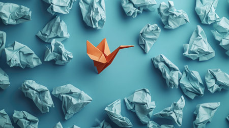Concept of new idea and creative thinking as a symbol of innovation and inspiration metaphor as a group of crumpled papers with one different paper transforming into an origami bird in flight.の素材