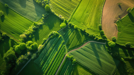 Aerial view of a rural landscape with green fields and plants and agricultural farm land of natural background --ar 16:9 --v 6 Job ID: f79a2595-17b6-492b-8798-fcfca04a3876の素材