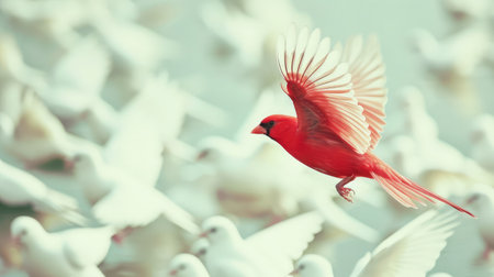 Close up red bird flying different through a group of white bird, Game changer business. vintage filter style.の素材
