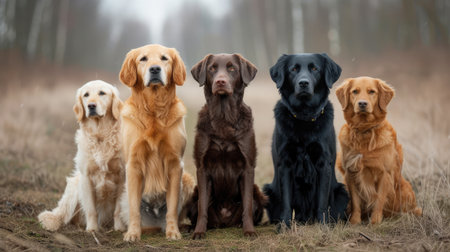 curly coated retriever, golden retriever, labrador, nova scotia duck tolling retriever and flat coated retriever dogs sitting together outdoors --ar 16:9 --v 6 Job ID: c4c33120-254b-48d1-8e1e-b260372e82a2の素材