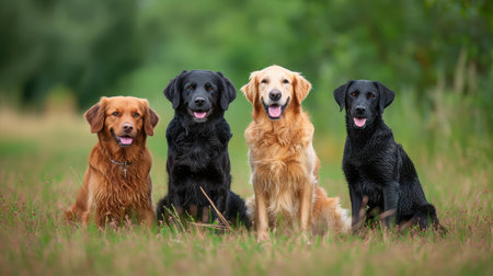 curly coated retriever, golden retriever, labrador, nova scotia duck tolling retriever and flat coated retriever dogs sitting together outdoors --ar 16:9 --v 6 Job ID: abc7fff9-d9a1-4403-b580-fc987153c396の素材