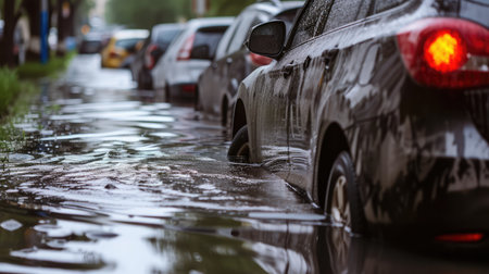 Flooded cars on the street of the city. Street after heavy rain. Water could enter the engine, transmission parts or other places. Disaster Motor Vehicle Insurance Claim Themed. Severe weather conceptの素材