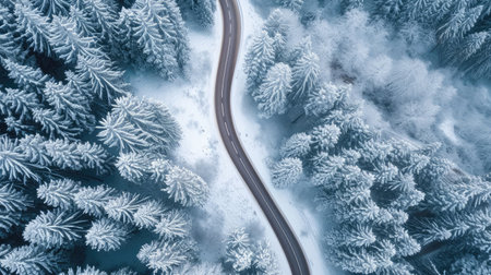 Curvy windy road in snow covered forest, top down aerial view.の素材