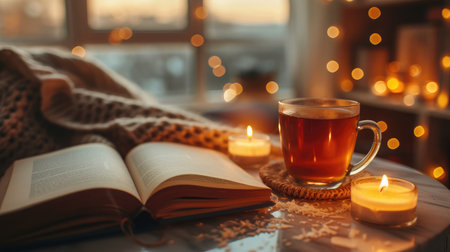 Cup of tea with paper open book and burning scented candles on marble table over cozy chair and glowing lights in bedroom closeup. Winter holiday season.の素材