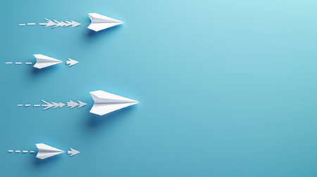 Business decision making and the way to success. Choosing a strategic path to move forward. Alternative options and business solutions. Paper plane with arrows pointing different directions.の素材