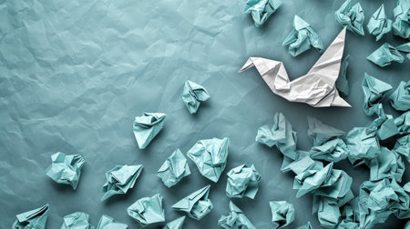 Concept of new idea and creative thinking as a symbol of innovation and inspiration metaphor as a group of crumpled papers with one different paper transforming into an origami bird in flight.の素材
