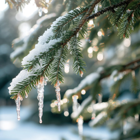 Close up of fir tree branches covered with melting snow and icicles in morning winter forest. Real spring, winter background.--ar 16:9 --v 6 Job ID: 426d8dc9-ed38-4cb1-b8d9-514638f37fc6の素材