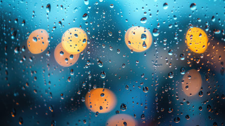 Drops Of Rain On Blue Glass Background. Street Bokeh Lights Out Of Focus. Autumn Abstract Backdropの素材