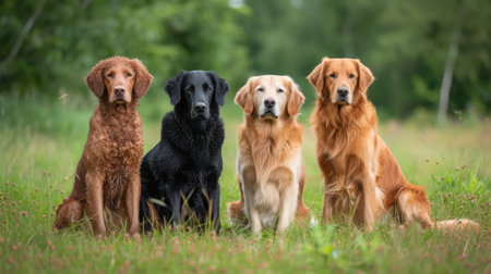 curly coated retriever, golden retriever, labrador, nova scotia duck tolling retriever and flat coated retriever dogs sitting together outdoors --ar 16:9 --v 6 Job ID: c4c33120-254b-48d1-8e1e-b260372e82a2の素材