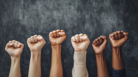 Hands of different people, of diverse race, skin color, gender raising fists up over grey background. Human rights and equality. Concept of human relation, community, togetherness, symbolism, cultureの素材