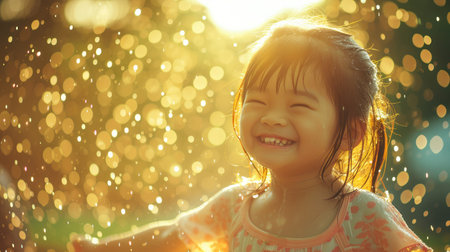 Happy asian little child girl having fun to play with the rain in the evening sunlight in vintage color tone --ar 16:9 --v 6 Job ID: 830464b1-67fa-4c04-8226-799f1c500adcの素材