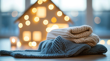 Figure of house and warm clothes on table against blurred lights. Concept of heating seasonの素材