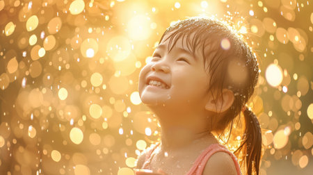 Happy asian little child girl having fun to play with the rain in the evening sunlight in vintage color toneの素材