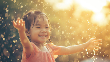 Happy asian little child girl having fun to play with the rain in the evening sunlight in vintage color tone --ar 16:9 --v 6 Job ID: 830464b1-67fa-4c04-8226-799f1c500adcの素材