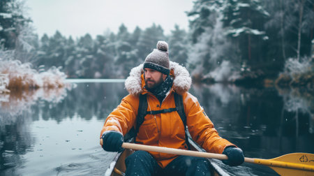 Male traveler in winter coat canoeingの素材