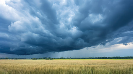 movement of clouds over an agricultural field with wheat. A storm and rain gray cloud floats across the sky with a visible rain band. Heavy rain in the village in summerの素材