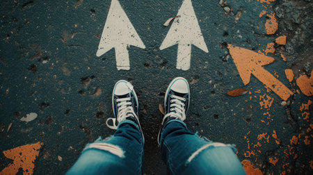 man legs in sneakers standing on road with three direction arrow choices, left, right or move forwardの素材