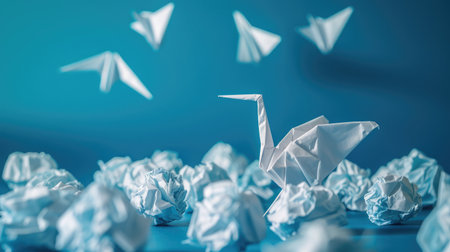 New ideas or transformation concept with crumpled paper balls and a crane, teamwork, creativity, business conceptの素材