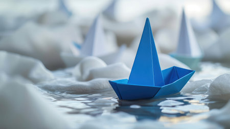 Leadership concept with blue paper ship leading among whiteの素材