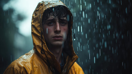 Portrait of young man in drenched jacket in heavy rain.の素材