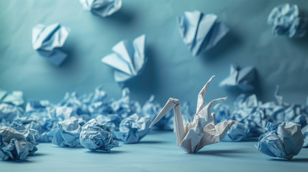 New ideas or transformation concept with crumpled paper balls and a crane, teamwork, creativity, business conceptの素材