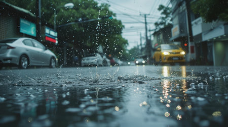 rain was falling on the roadway due to precipitation that was forming after depression hit Thailand causing heavy rain in some areas and flooding road surface. Behind the scenes of heavy rainの素材