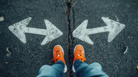man legs in sneakers standing on road with three direction arrow choices, left, right or move forward --ar 16:9 --v 6 Job ID: e5001163-ac46-4bf7-b28c-75abfae32ceeの素材