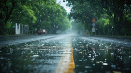 rain was falling on the roadway due to precipitation that was forming after depression hit Thailand causing heavy rain in some areas and flooding road surface. Behind the scenes of heavy rainの素材