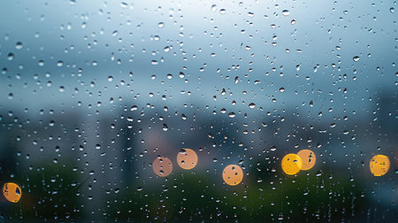 Rainy sky behind window glass. Gloomy and bad weather.の素材