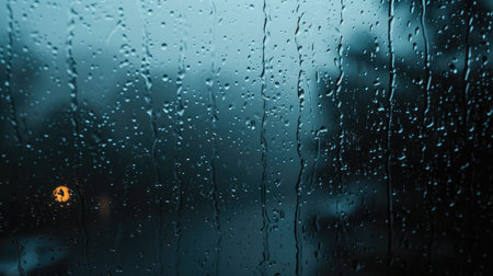 Rainy sky behind window glass. Gloomy and bad weather.の素材