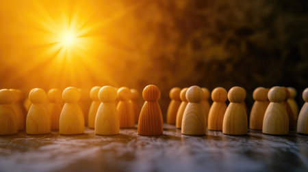 Success in Business or Talent Concept. Stand Out from the Crowd. Different and Individual Unique Person. Spotlight Shining to the Golden. presenting by wooden peg dollsの素材