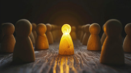 Success in Business or Talent Concept. Stand Out from the Crowd. Different and Individual Unique Person. Spotlight Shining to the Golden. presenting by wooden peg dolls --ar 16:9 --v 6 Job ID: 7a331aa9-7ea3-4eef-a1f0-ed2c854edf36の素材